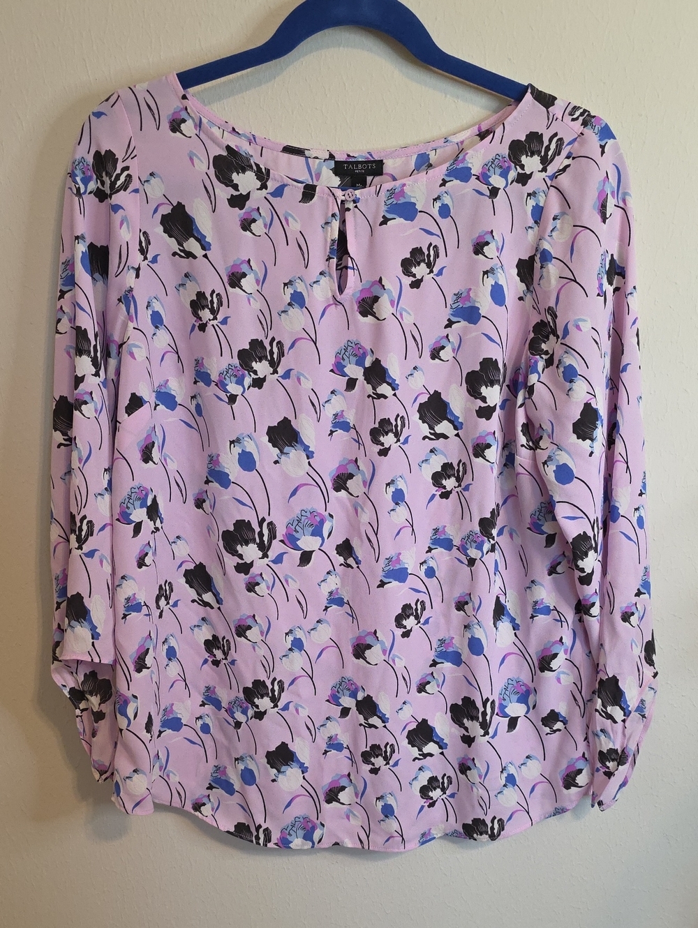 Talbots Pink Floral Blouse with Blue & Black Flowers